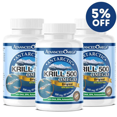 AdvancedOmega Antarctic Krill Oil 500mg with DHA, EPA, Astaxanthin 60 softgels 3 pack