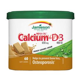 Jamieson Mega Cal Calcium 650mg + D3 400IU Soft Chews French Caramel Cream 60soft chews