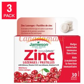 Jamieson Wild Cherry Zinc Lozenges with Echinacea Vitamins C & D  30 count 3 pack