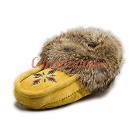 Leather Moccasin Rabbit Fur - Adult Tan Size Men 9